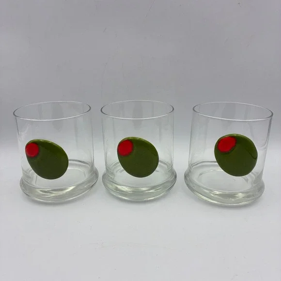 Set of 3 3D Raised Olive Rocks Glasses Mid Century Modern Martini Barware Clear