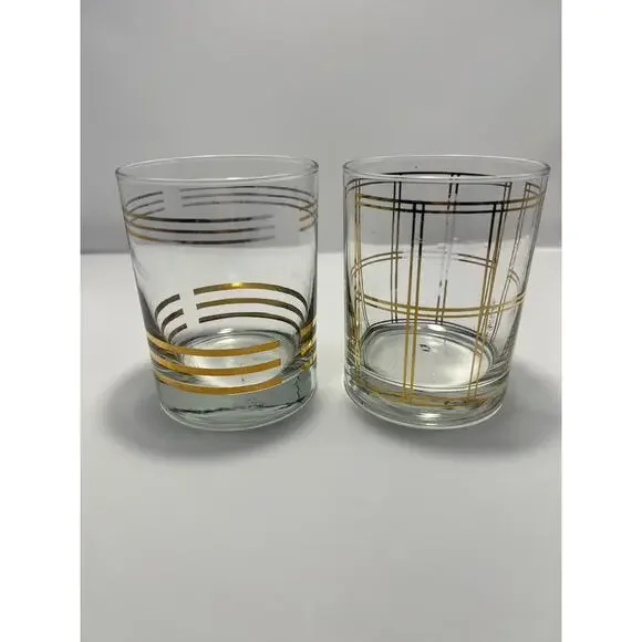 2 Vintage MCM Double Old Fashion Glasses Tumblers with Gold Accents‎ Bourbon