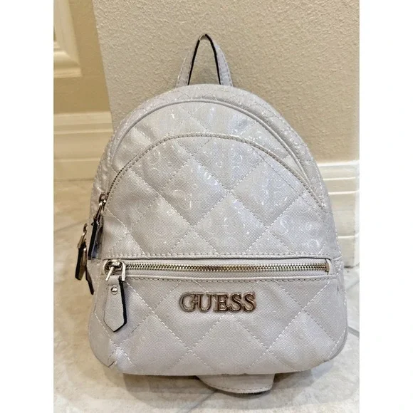 VTG GUESS Light Gray Wiloma Shine Logo Quilted Backpack Purse School Y2K**See