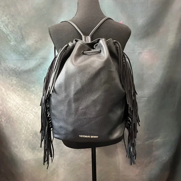 Victorias Secret Black Faux Leather Fringe Drawstring‎ Backpack Gold Logo Bag