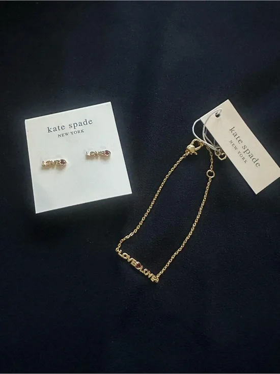 kate spade gold LOVE bracelet and stud earring set