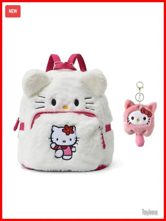 Cute Plush Fashion Backpack with Keychain, Double Zipper, Mini Backpack