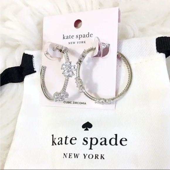 Kate Spade Gleaming Gardenia Flower Silver Diamond Hoop Earrings