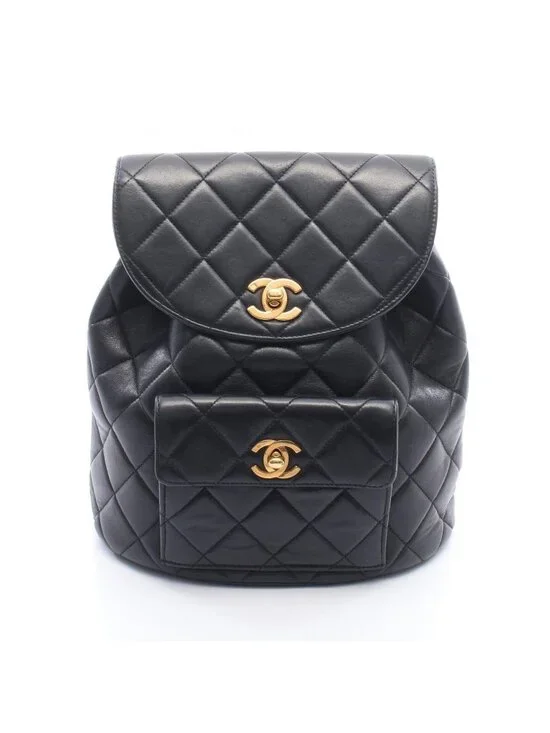 Chanel Backpack Quilted Turnlock Chain Black Lambskin Double