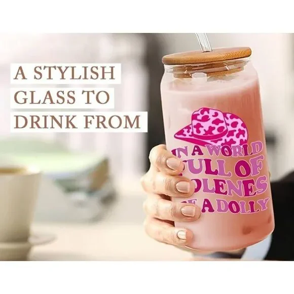 NIB Western Gifts for Women Hot Pink Cute Glass Cups with Lids and Straws, 16 Oz
