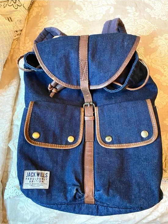 Jack Wills Blue Denim Canvas Cinch Top Backpack Leather Trim