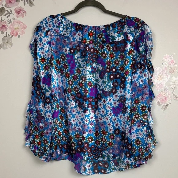 Kate Spade NY Floral Ruffle Blue and Purple 100% Silk Women's Top - M
