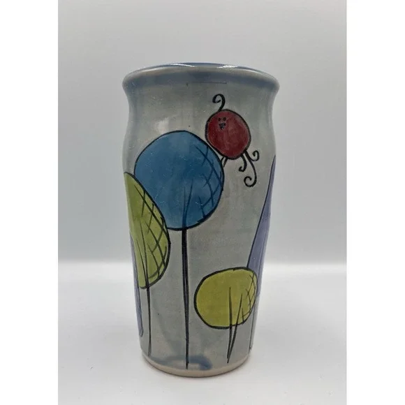 Megan Bernard Swirly Gig Bird Tumbler‎ Pottery Colorful Whimsy Finger Divots