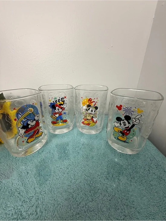 2000 Disney Multicolor Mickey Mouse Clear Glass Tumblers - Set of 4
