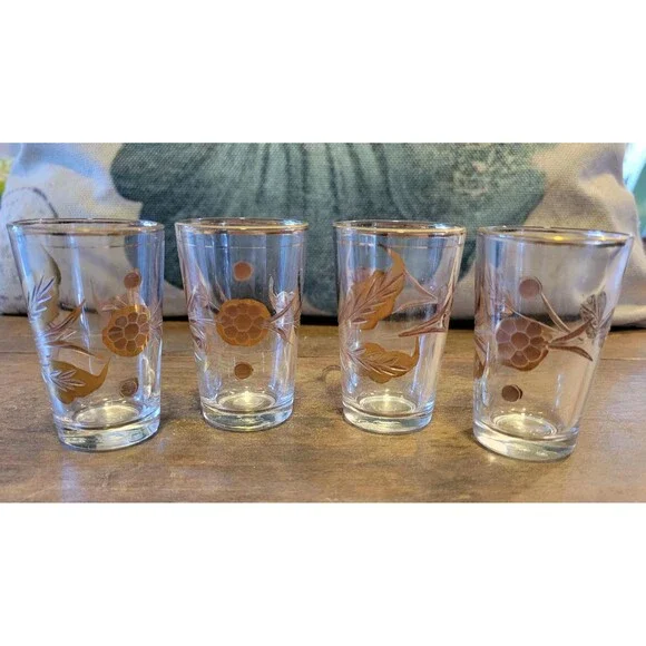 Mid Century Modern Liqueur Glasses Clear with Gold Flower & Leaves - Set of Four