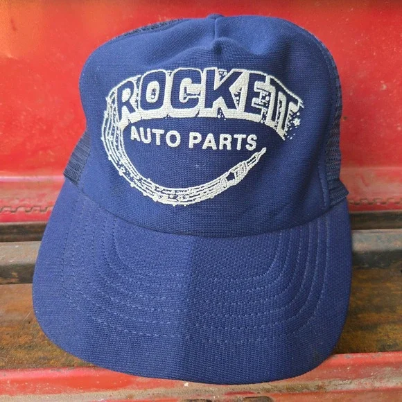 VTG Rocket Auto Parts Hat Navy Blue Mens OSFM Mesh Back Snapback Trucker Cap USA