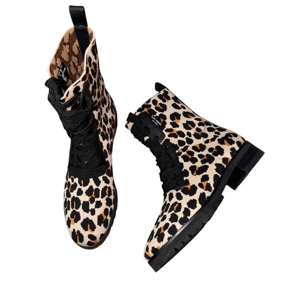 Kate Spade Merigue Boots 9.5 Knit Leather Leopard Lace Up boots‎ NEW