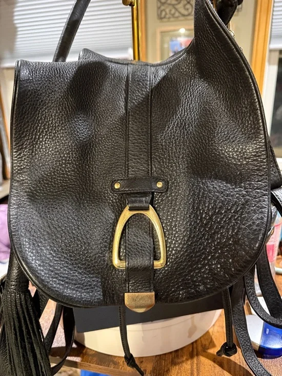 Classic Black Leather Backpack with Gold Hardware