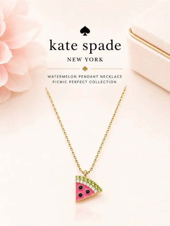 Kate Spade Picnic Perfect Watermelon Pendant Necklace NWT Gold Enamel Crystal