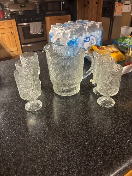NEW Rare 7 piece Indiana Glass Crystal Ice Pitcher & Mugs