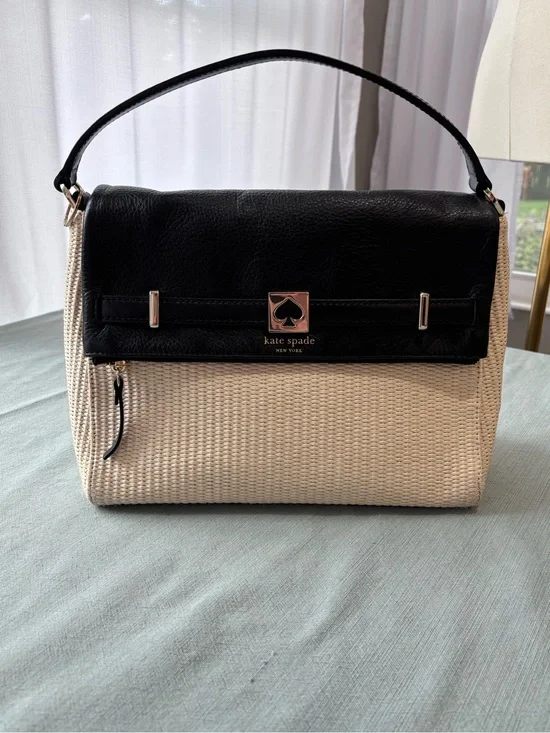 kate spade Black and Cream Woven Satchel Shoulder Bag with Leather Flap Strap