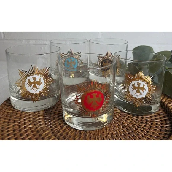 Vintage Set of 5 Mid-Century Modern Gold Medallion Whiskey Glasses Colorful