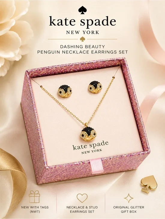 Kate Spade Dashing Beauty Penguin Necklace & Stud Earrings Boxed Set NWT