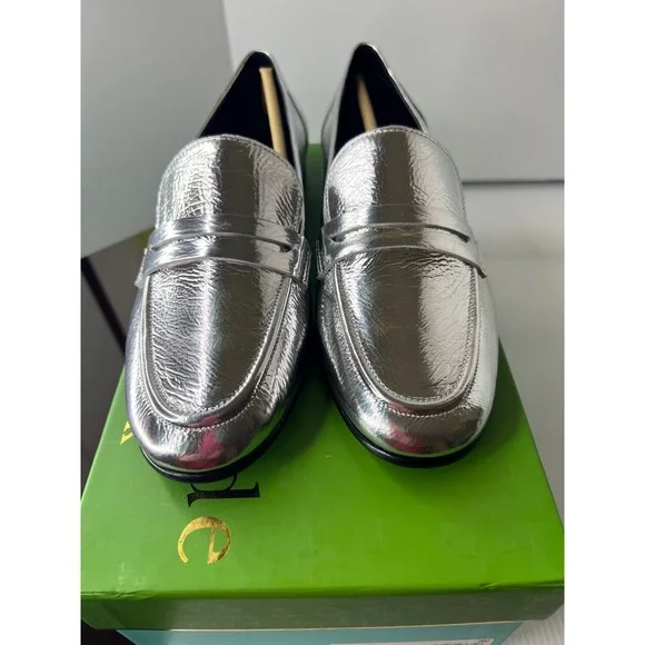 Kate Spade Silver Metallic Leather Genevieve‎ Loafers Almond Toe Flats 6.5M Box