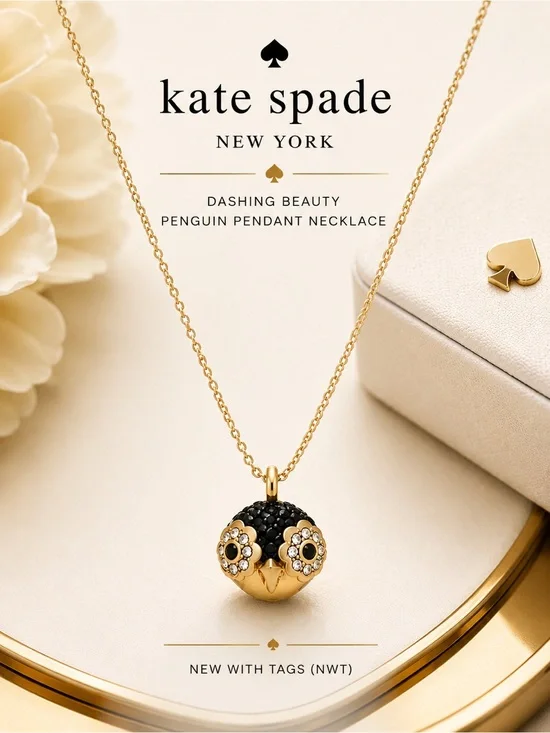 Kate Spade NWT Dashing Beauty Penguin Pendant Necklace Gold Crystal