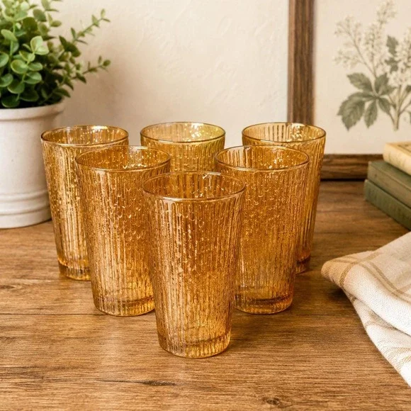 Set of 6 Vintage Amber Textured Drinking Glasses Mid Century Retro Tumblers