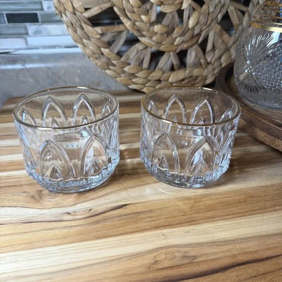 Vintage Gold Rimmed Whiskey Rocks Glasses Gothic Arch Pressed Glass Set of 2