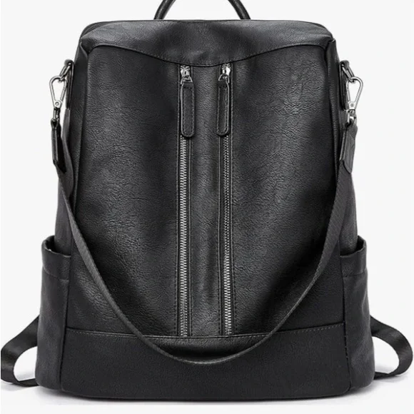 Women's Black Faux Leather Convertible Shoulder Bag Backpack