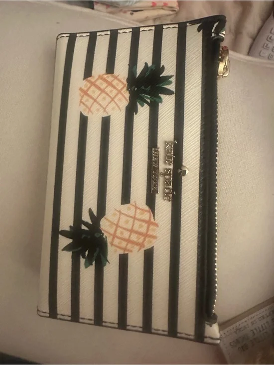 kate spade Black & White Striped Pineapple Zip Wallet