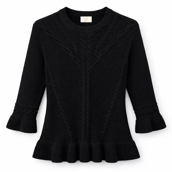 Kate Spade Cable Knit Peplum Sweater XS Black 3/4 Sleeve Wool Cashmere Blend