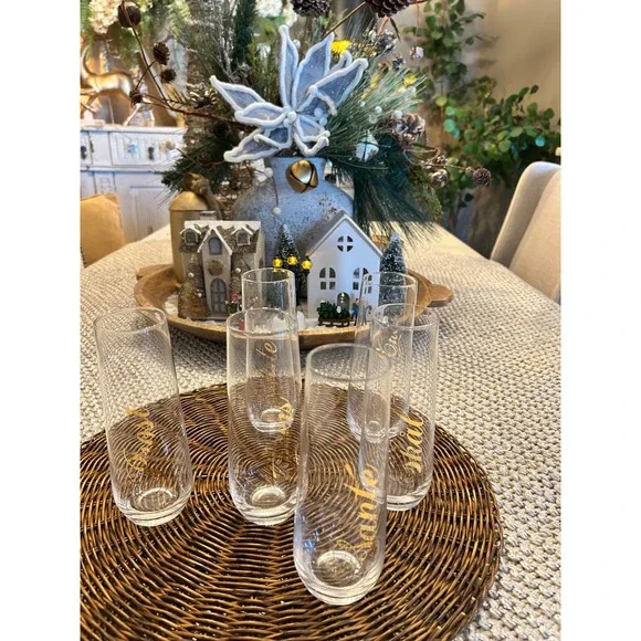 Set of 6 Stemless Champagne Flutes Gold Script International Toasts Cheers Santé