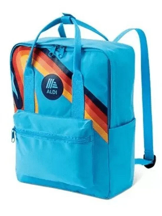 ALDI Gear Bright Blue Backpack Laptop Pocket Retro Rainbow Stripe 2023 NEW