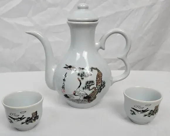 Vintage Japanese Porcelain Teapot with Cups, Birds, Tree, and Signature