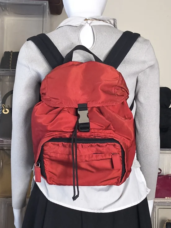 Y2K Prada Red Nylon Backpack Utility Tactical Vintage - Adjustable Waist Strap