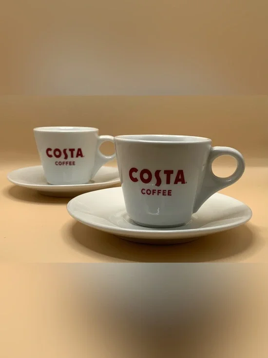 Costa Coffee Espresso Cups and Saucers Set of 2 White Ceramic Red Logo 2oz