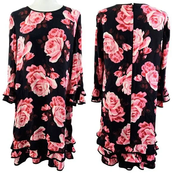 Kate Spade Rosa Black Pink Floral Tiered Ruffle Dress Romantic Date Night