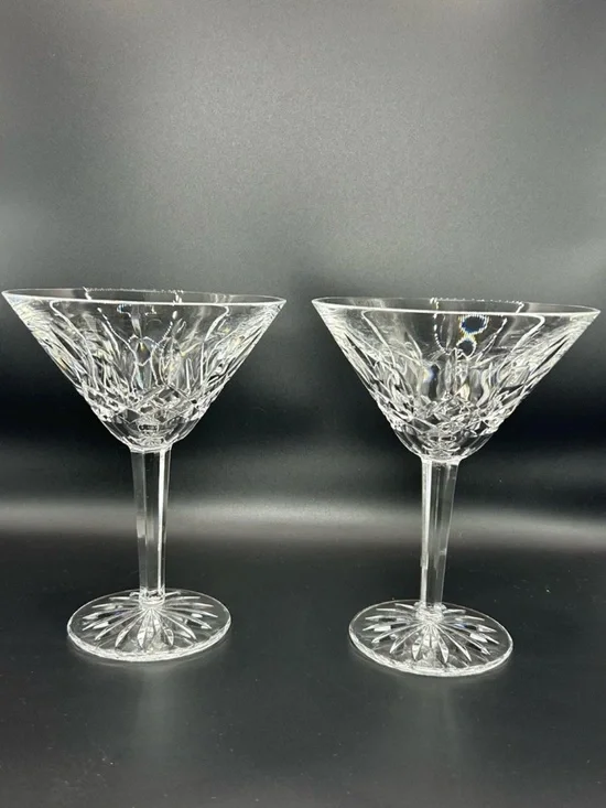 2 Waterford Crystal Lismore Martini Glasses Signed Seahorse Logo