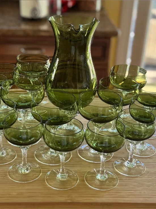 Green Glass Pitcher and Coupe Glasses Set - Elegant Olive Green Drinkware
