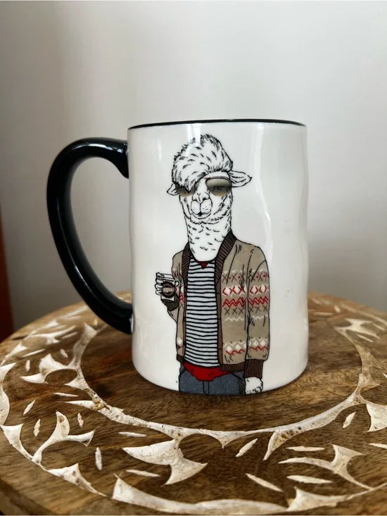 Signature House White Ceramic Mug with Black Handle and Hipster Llama Graphic