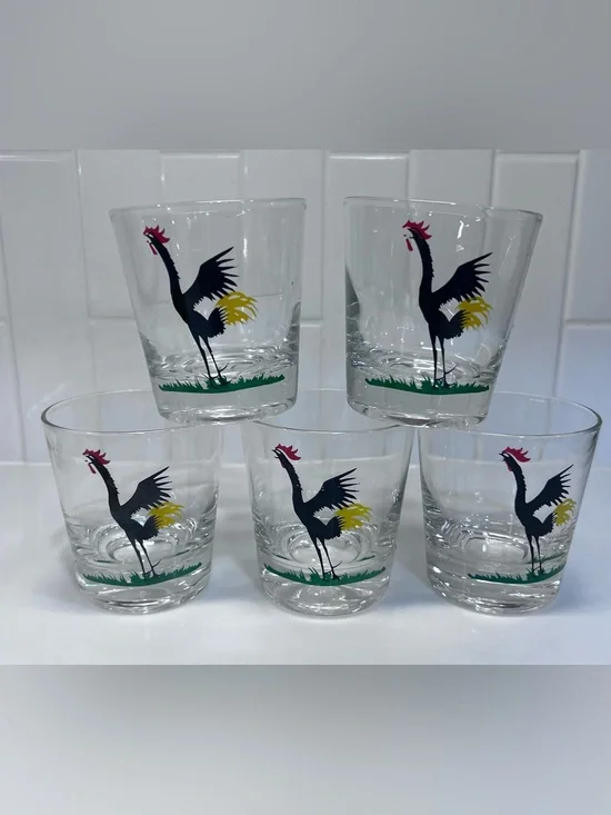 Vintage Federal Screaming Crowing Black Rooster Glasses 3.25 Lowball MCM 5 set