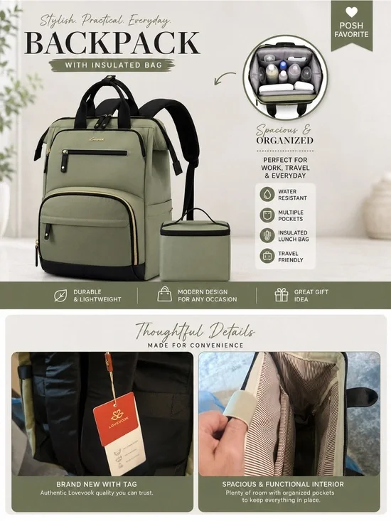 Lovevook Olive Green Insulated Backpack - Women's Travel & Work Bag