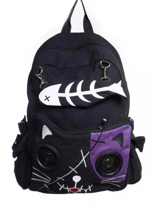 Black Cat Face Backpack with White Fishbone Accent