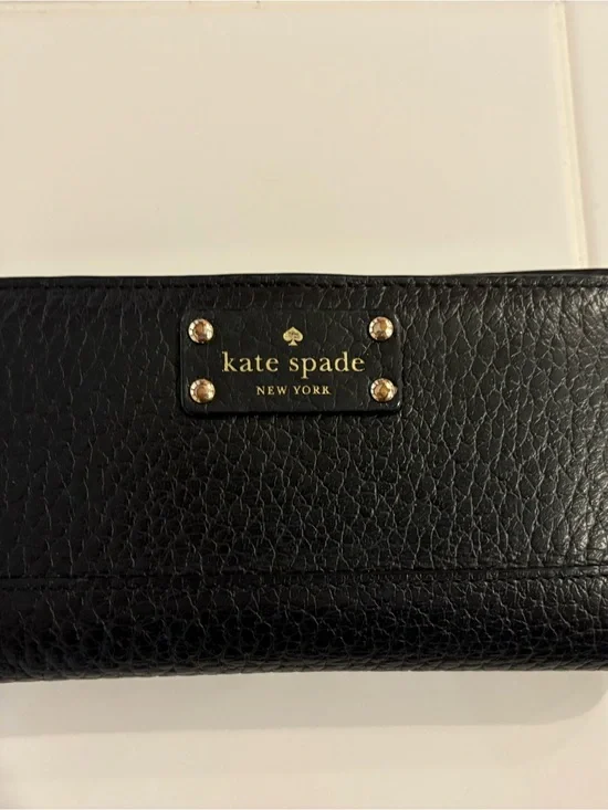 Kate Spade Black Pebbled Leather Wallet with Gold Plaque