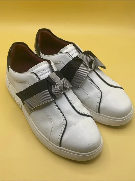 kate spade White Leather Sneakers with Black and Gray Ribbon Bow