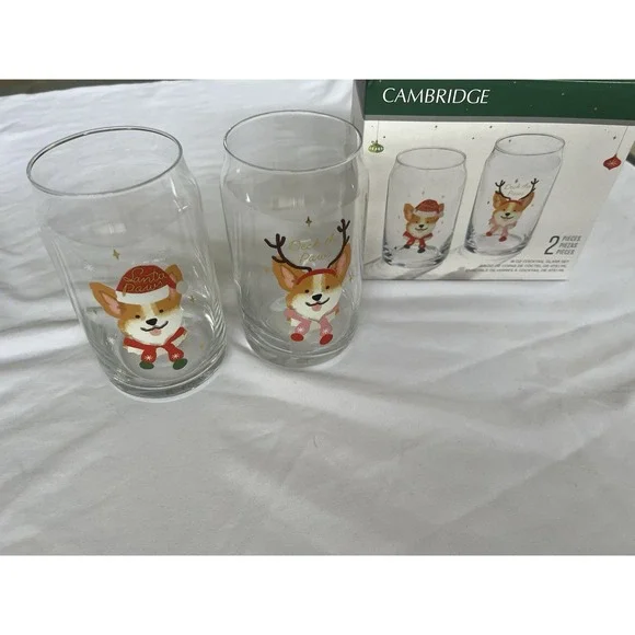 Cambridge Christmas Santa Paws Stemless Cocktail Glasses Set of 2 New Corgi