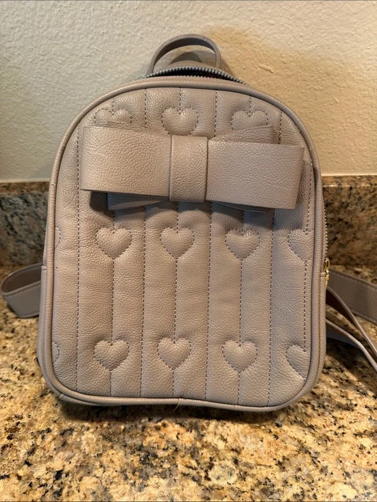 Betsy Johnson Heart-Quilted Mini Backpack with Bow - Taupe