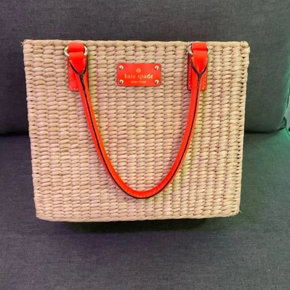 kate spade Natural Woven Tote with Orange Trim