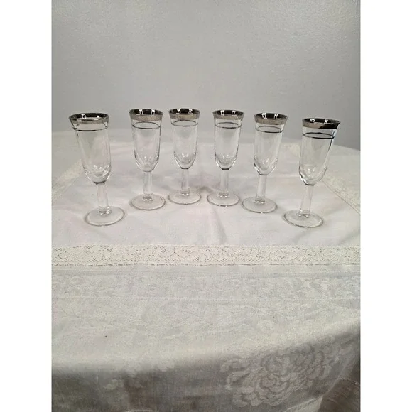Vintage Silver Rim Cordial Liqueur Glasses Set of 6 Mid Century Stemware Clear