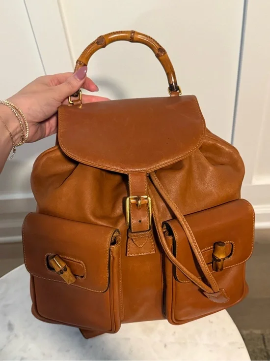 VINTAGE Gucci Brown Bamboo-Handle Leather Backpack