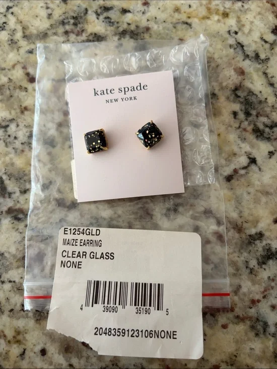 NWT kate spade Black and Gold Confetti Maize clear glass Square Stud Earrings