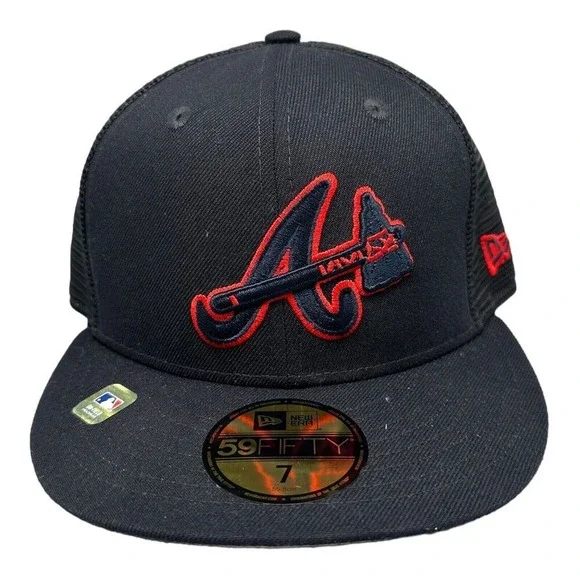 New Era 59FIFTY Atlanta Braves Mesh Black Red‎ Fitted Hat Cap Men's Sz 7 NWT